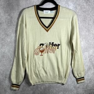 Vintage Lady LaMode Sweater‎ Womens XL Tan Knit Golfer V-Neck Outdoor Preppy